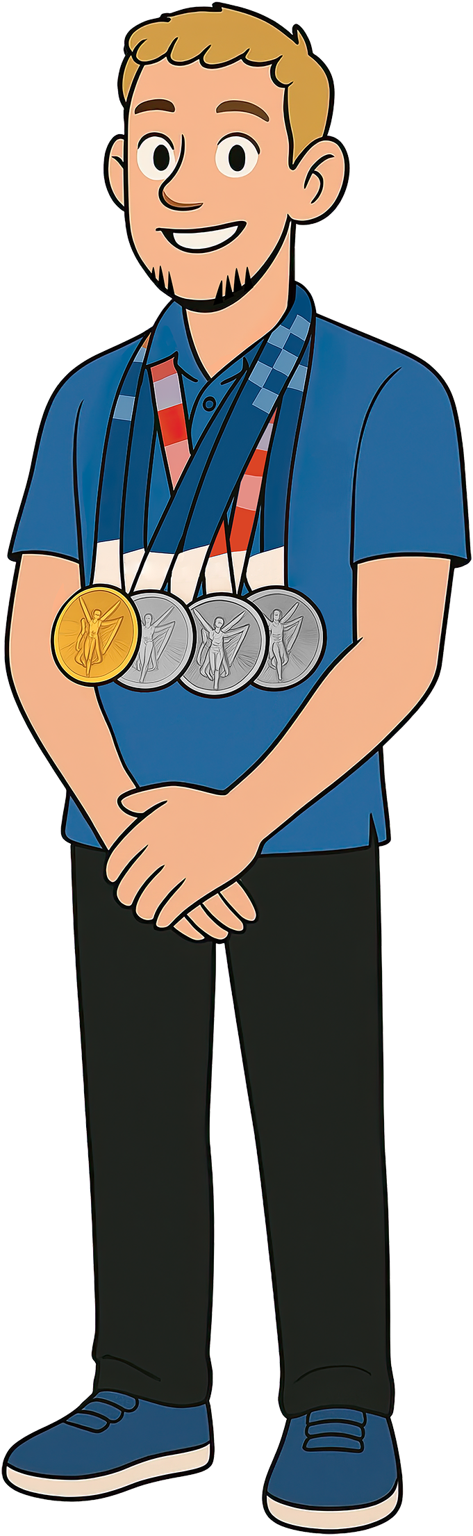 Illustration of Duncan Scott wearing Gold & Silver medals around his neck